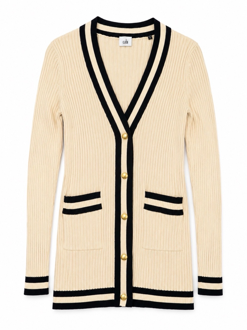 Cabi Ribbed Cotton Cardigan Sweater Cream Black Gold Button Preppy S